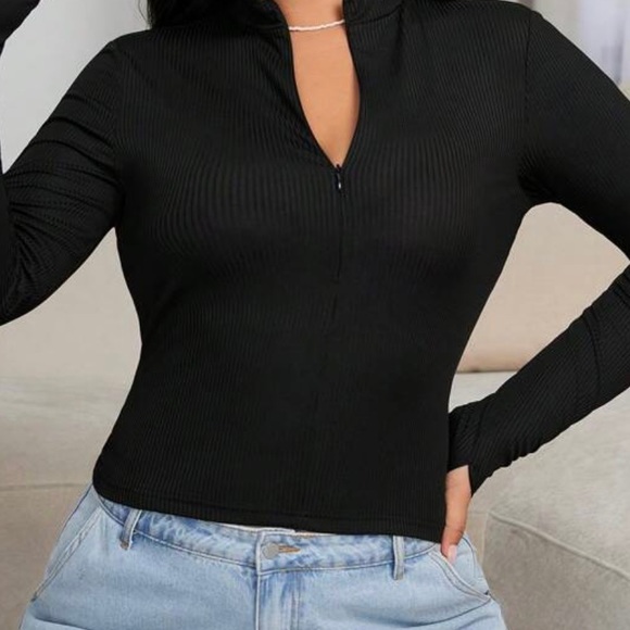 SHEIN EZwear Zip up Ribbed Kint Slim Fit Tee - Picture 6 of 6